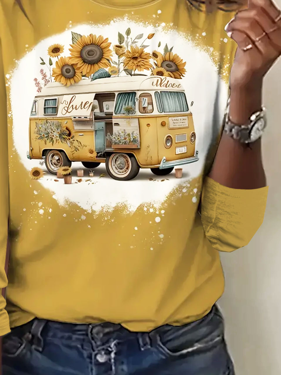 Casual Sunflower Crew Neck Long Sleeve T-shirt