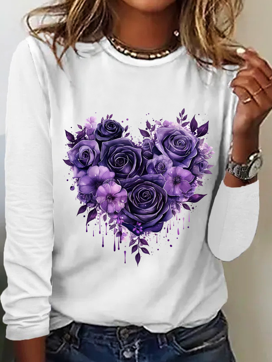 Casual Heart/Cordate Crew Neck Long Sleeve T-shirt