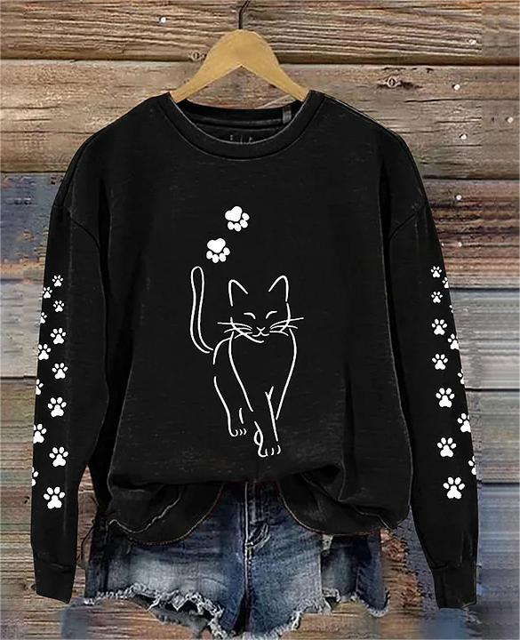 Casual Crew Neck Cut Cat Print Sweatshirt