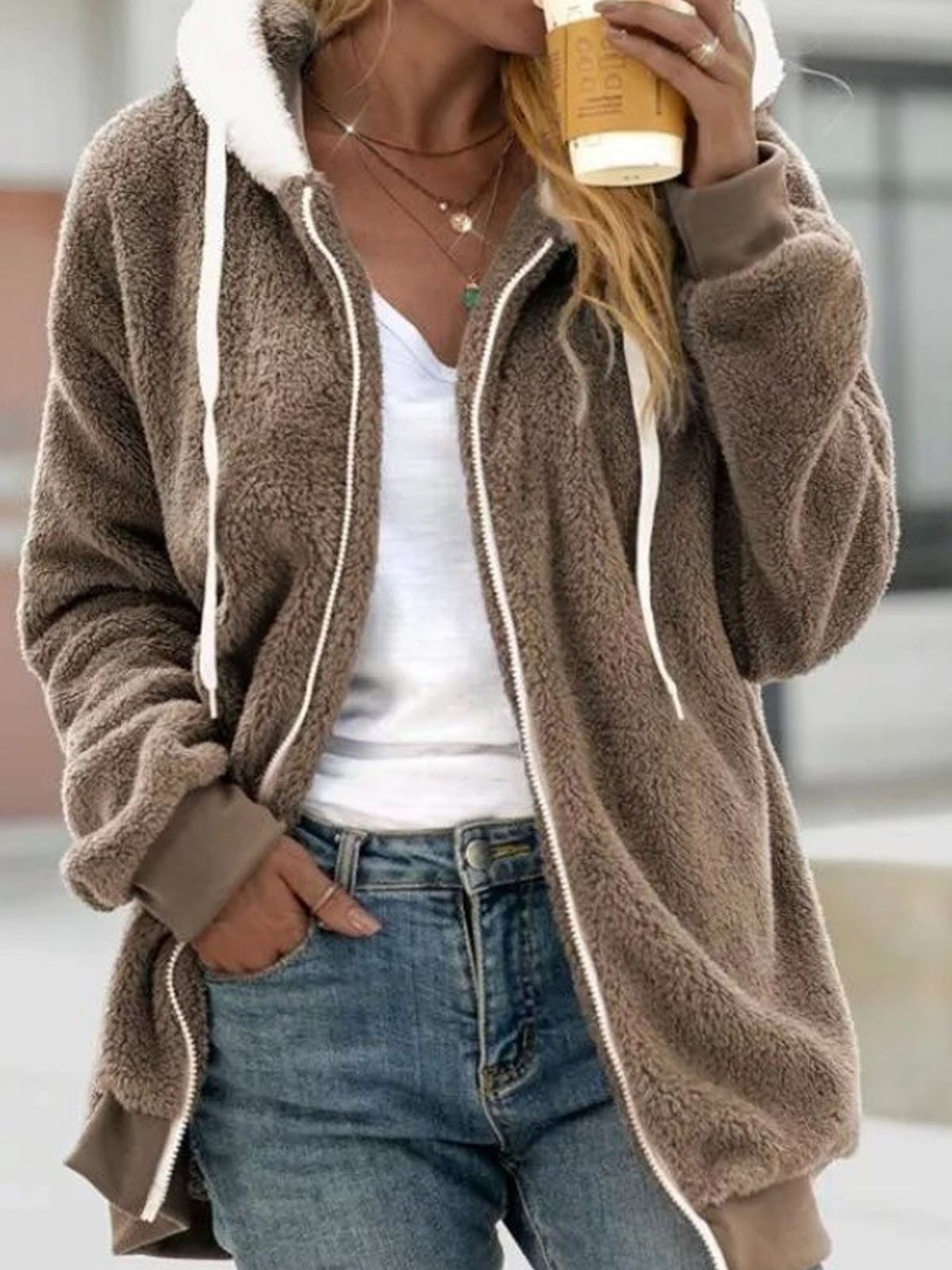 Women's Plain Zipper Thicken Loose Teddy Jacket