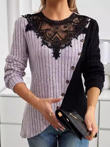 Crew Neck Long Sleeve Color Block Lace Regular Micro-Elasticity Loose Blouse For Women