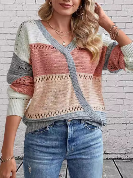 Women Yarn/Wool Yarn Color Block Long Sleeve Comfy Casual Sweater