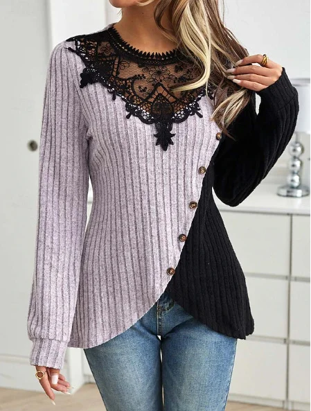 Crew Neck Long Sleeve Color Block Lace Regular Micro-Elasticity Loose Blouse For Women