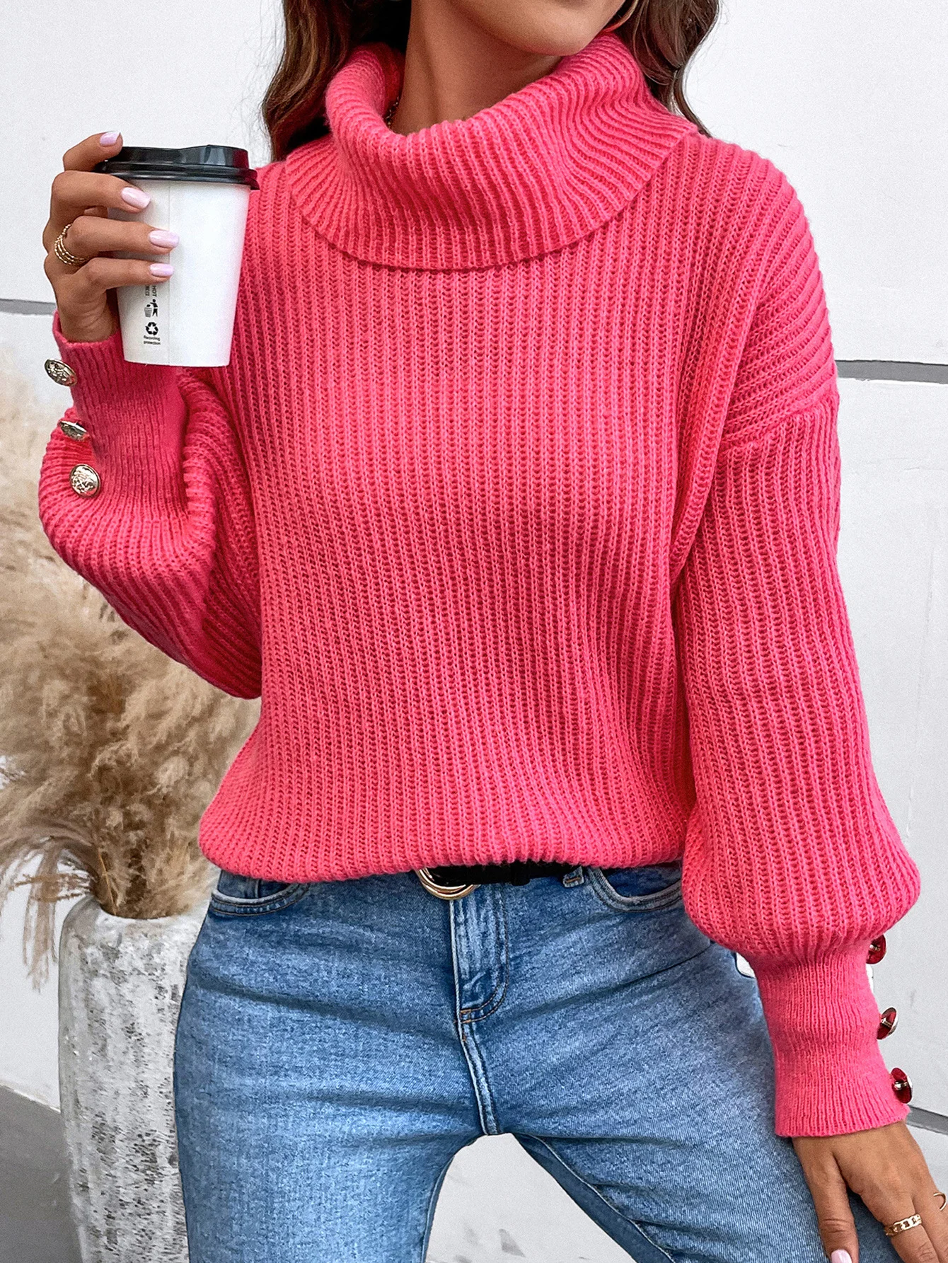 Women Yarn/Wool Yarn Plain Long Sleeve Comfy Casual Sweater