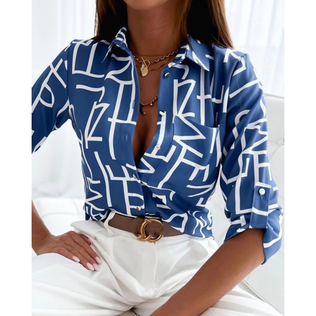 Shirt Collar Long Sleeve Geometric Regular Loose Shirt For Women