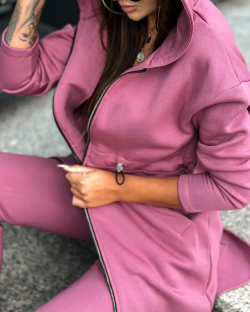 Women Plain Hoodie Long Sleeve Comfy Casual Top With Pants Two-Piece Set