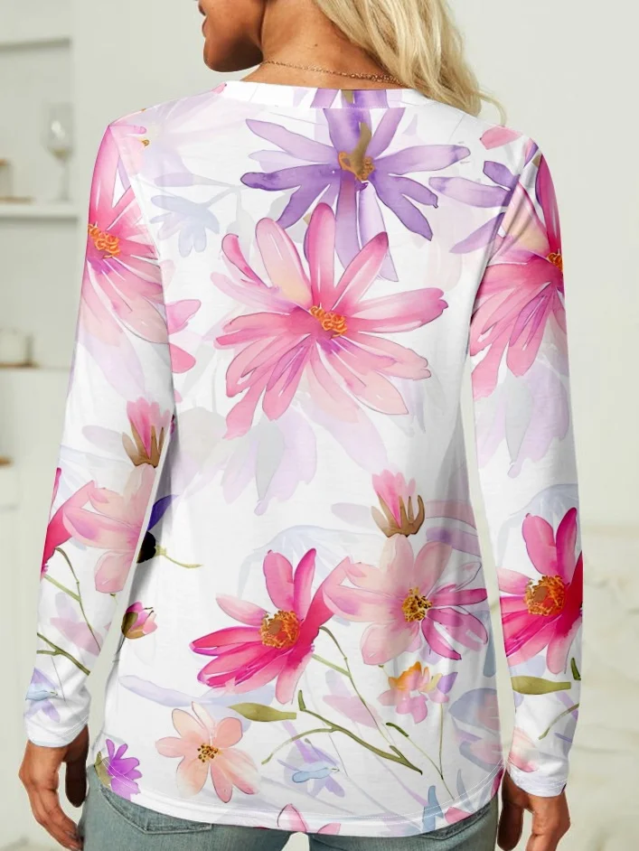 Crew Neck Long Sleeve Floral Regular Micro-Elasticity Regular Fit Blouse For Women