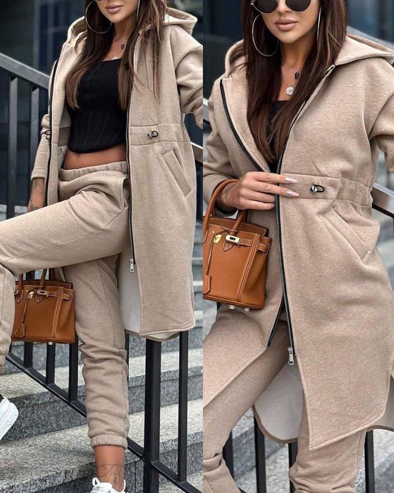 Women Plain Hoodie Long Sleeve Comfy Casual Top With Pants Two-Piece Set