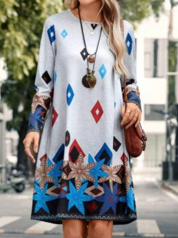 Women Ethnic Crew Neck Long Sleeve Comfy Casual Midi Dress