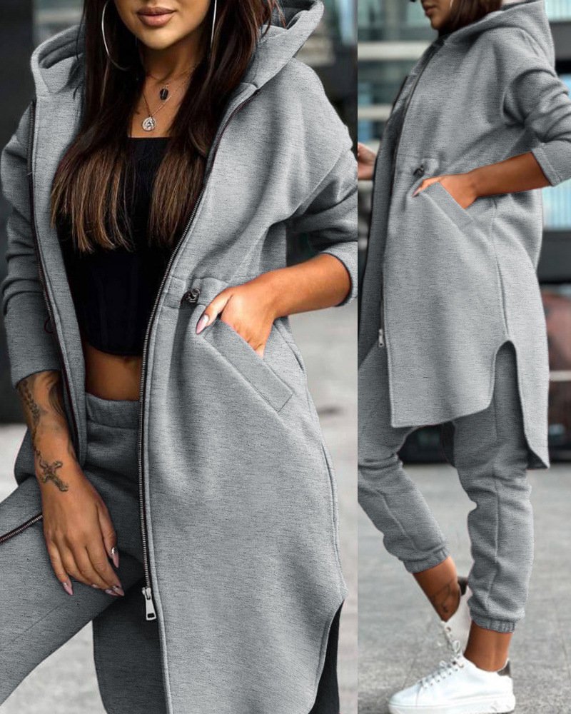 Women Plain Hoodie Long Sleeve Comfy Casual Top With Pants Two-Piece Set