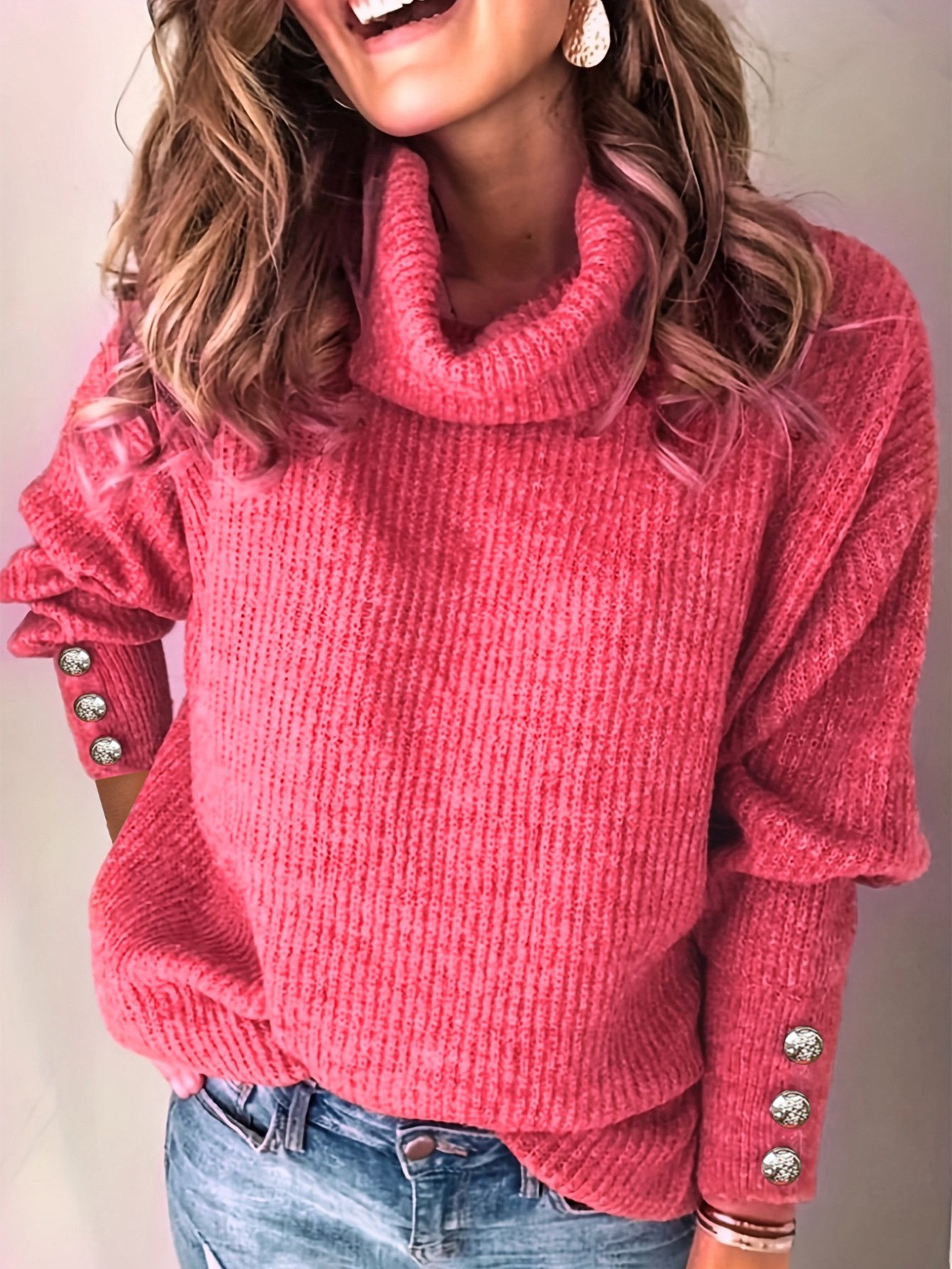 Women Yarn/Wool Yarn Plain Long Sleeve Comfy Casual Sweater