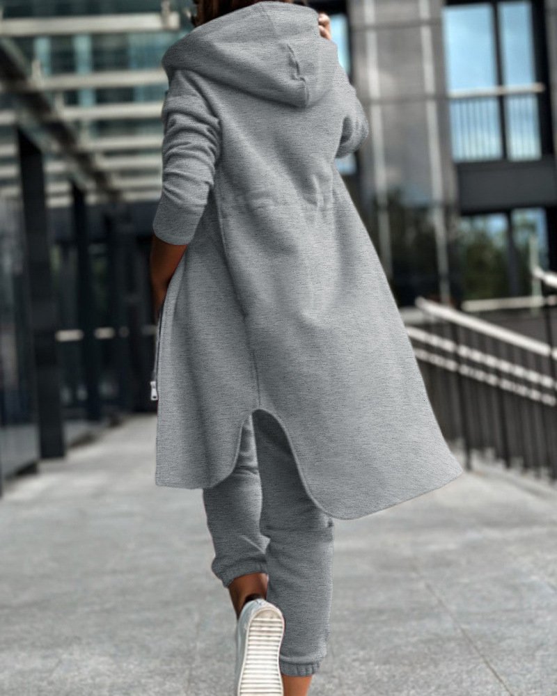 Women Plain Hoodie Long Sleeve Comfy Casual Top With Pants Two-Piece Set