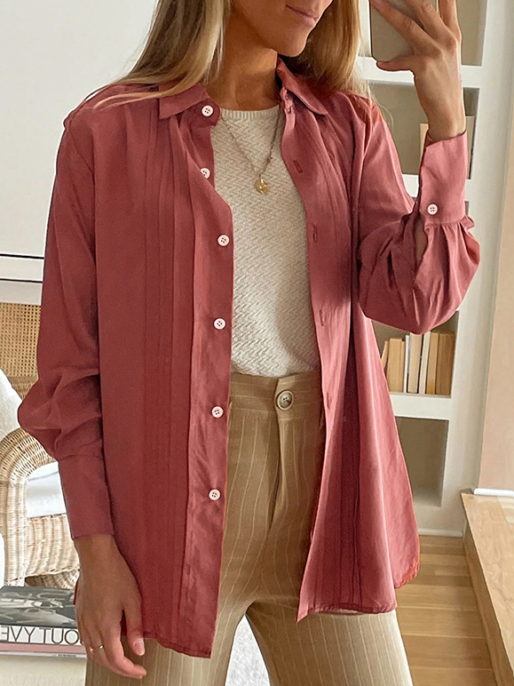 Shirt Collar Long Sleeve Plain Regular Loose Shirt For Women