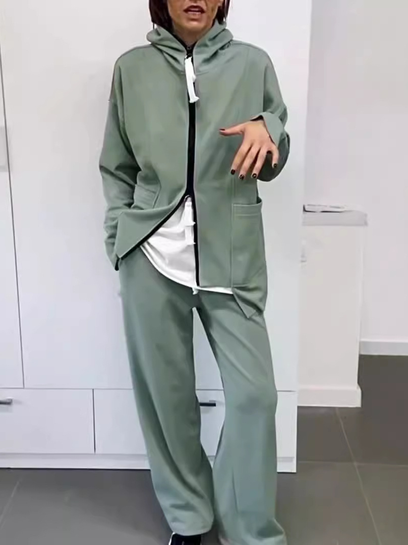 Women Plain Long Sleeve Comfy Casual Coat With Pants Two-Piece Set