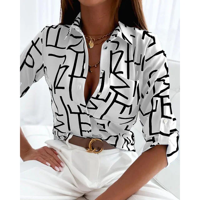 Shirt Collar Long Sleeve Geometric Regular Loose Shirt For Women