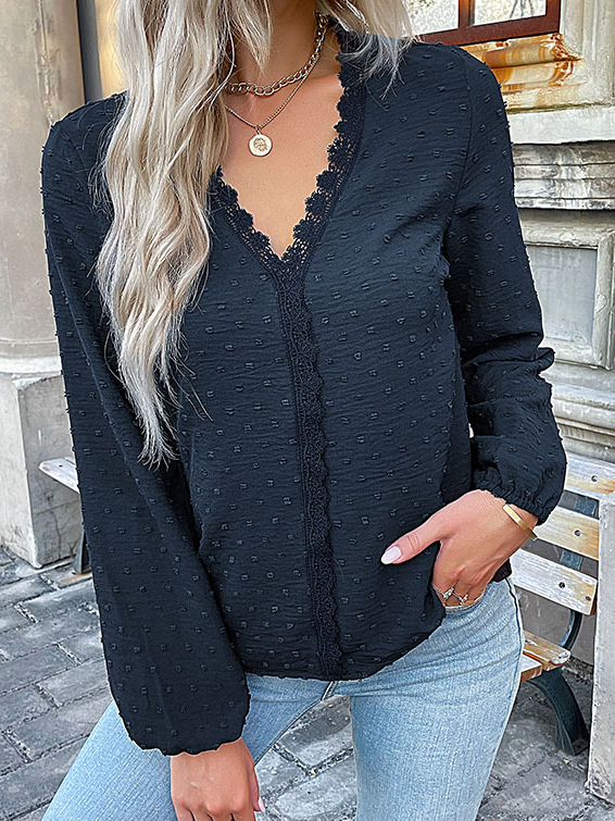 V Neck Long Sleeve Plain Lace Regular Micro-Elasticity Loose Blouse For Women