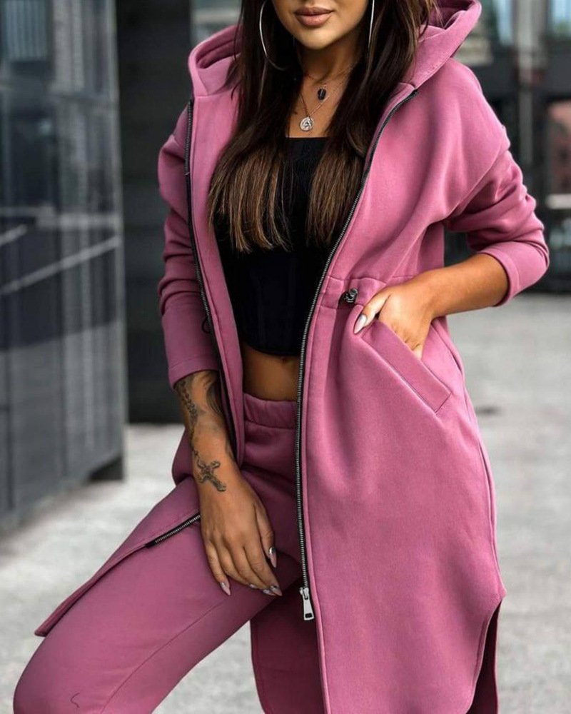 Women Plain Hoodie Long Sleeve Comfy Casual Top With Pants Two-Piece Set