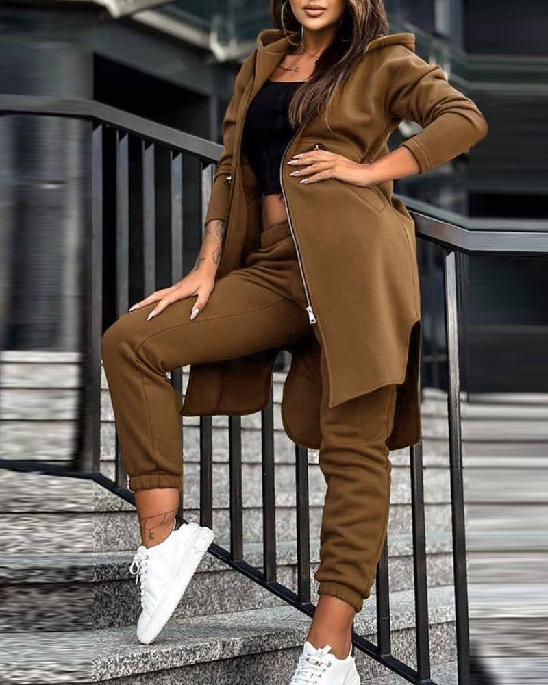 Women Plain Hoodie Long Sleeve Comfy Casual Top With Pants Two-Piece Set