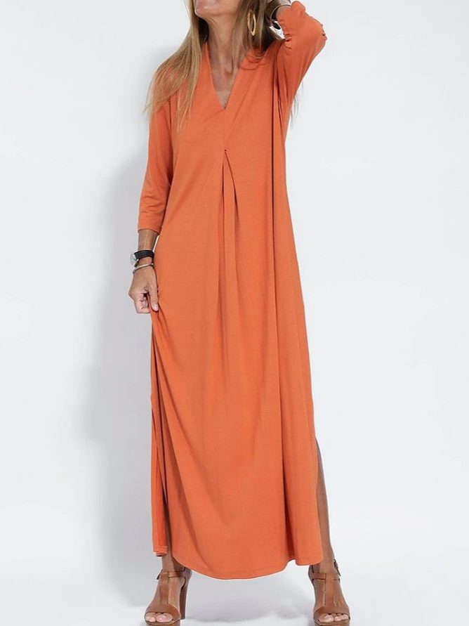 Women Plain V Neck Long Sleeve Comfy Casual Midi Dress