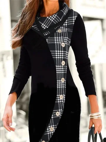 Women Plaid Hoodie Long Sleeve Comfy Casual Midi Dress