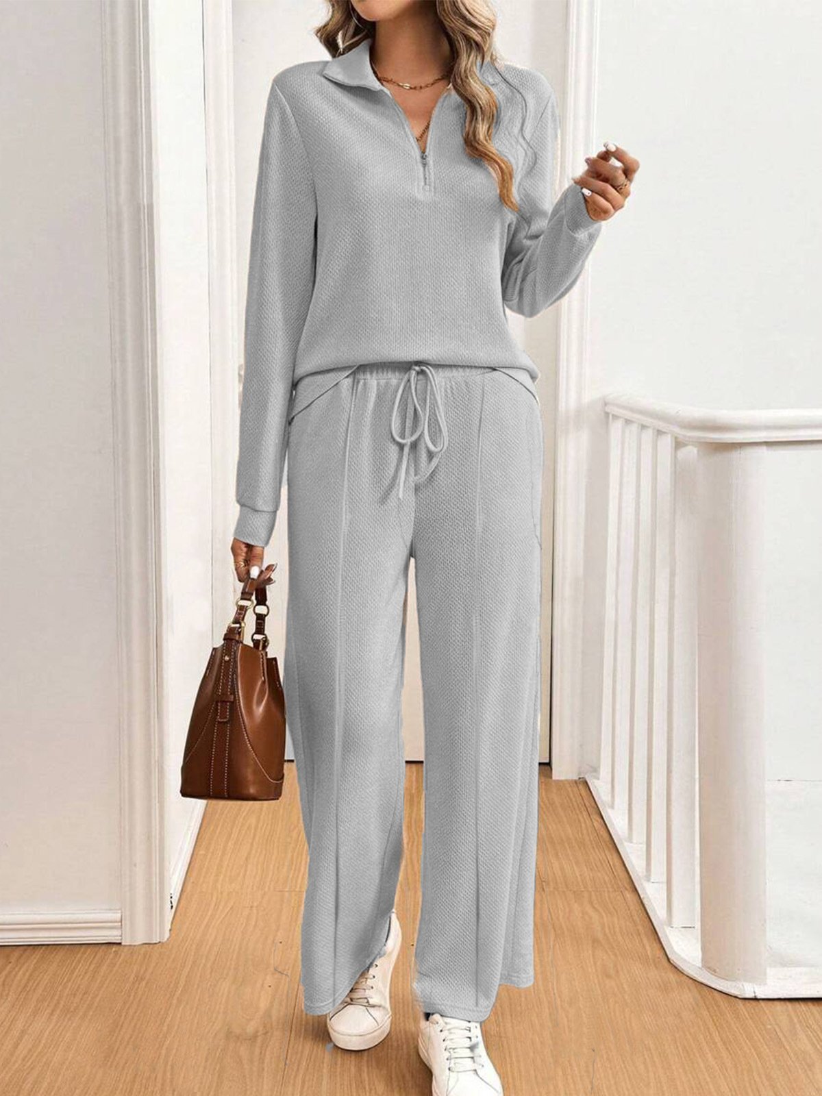 Women Plain V Neck Long Sleeve Comfy Casual Zipper Top With Pants Two-Piece Set