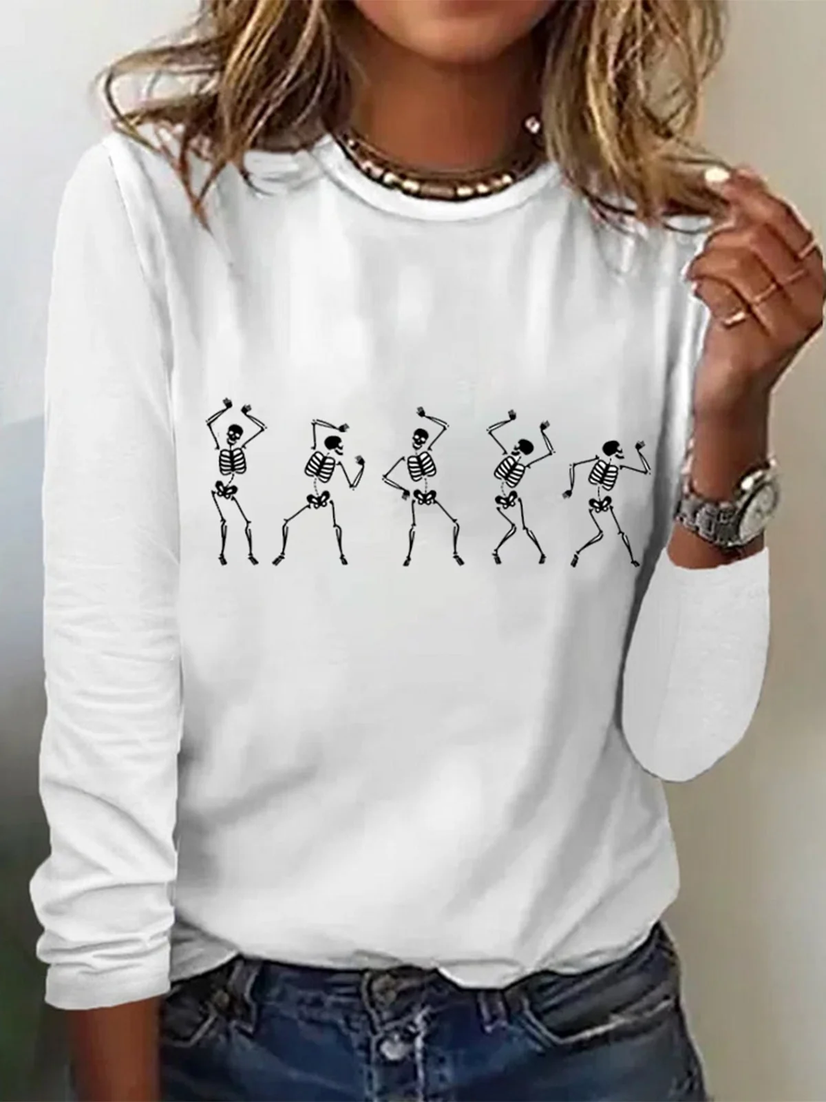 Casual Halloween Dancing Skeleton Crew Neck Long Sleeve T-shirt