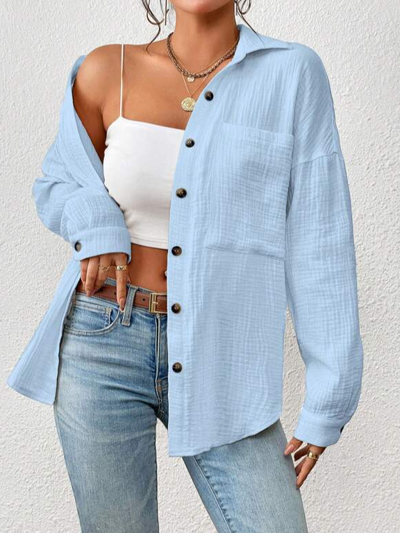 Shirt Collar Long Sleeve Plain Regular Loose Shirt For Women