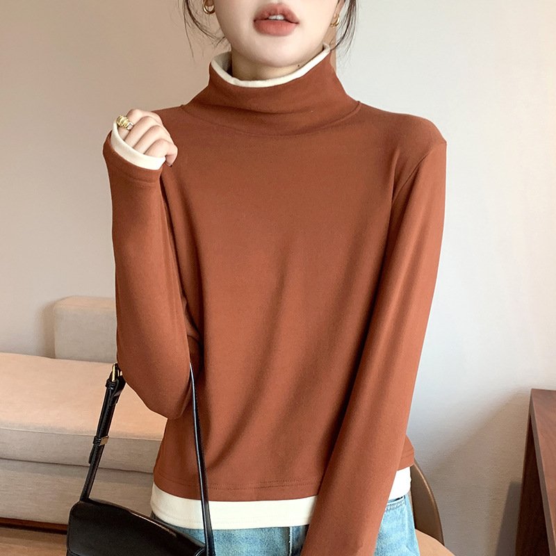 Casual Color Block Turtleneck Long Sleeve T-shirt