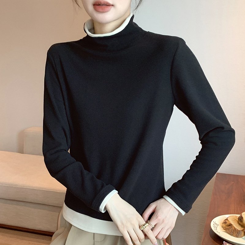 Casual Color Block Turtleneck Long Sleeve T-shirt