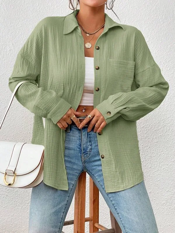 Shirt Collar Long Sleeve Plain Regular Loose Shirt For Women