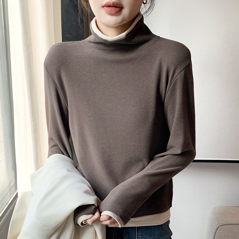 Casual Color Block Turtleneck Long Sleeve T-shirt