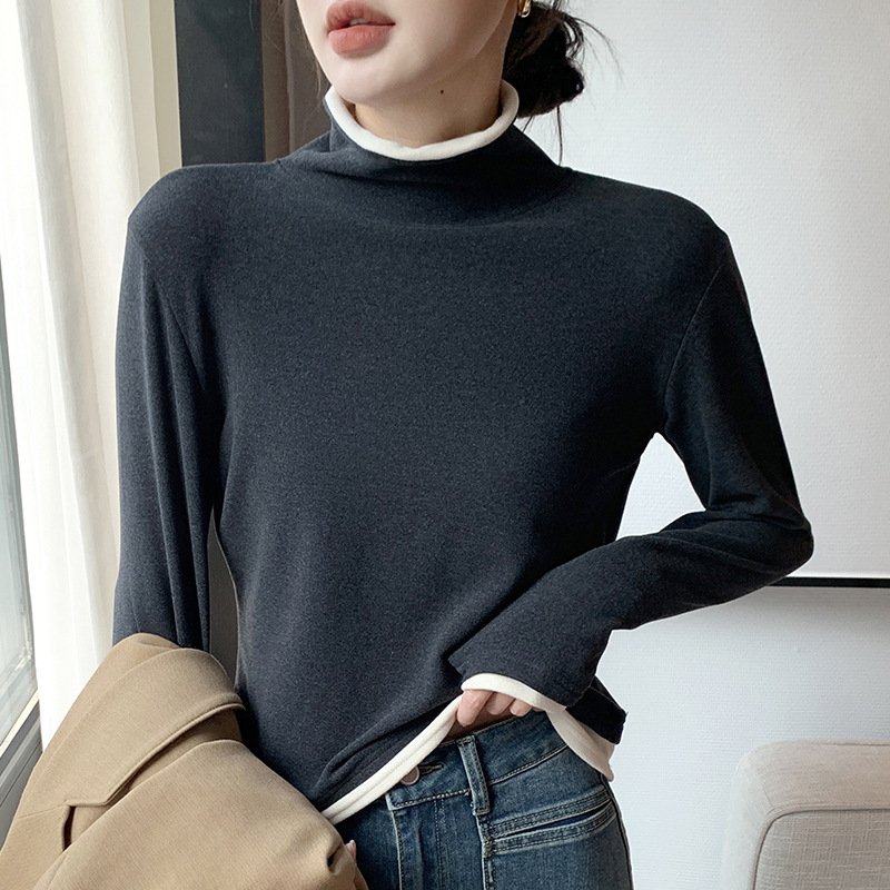 Casual Color Block Turtleneck Long Sleeve T-shirt