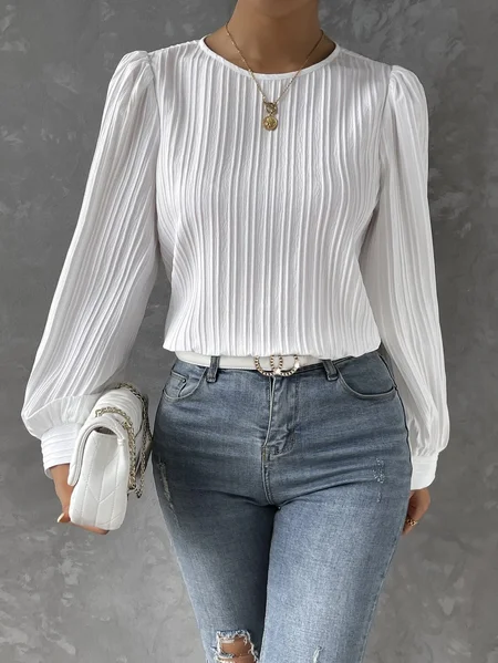 Crew Neck Long Sleeve Plain Regular Micro-Elasticity Loose Blouse For Women