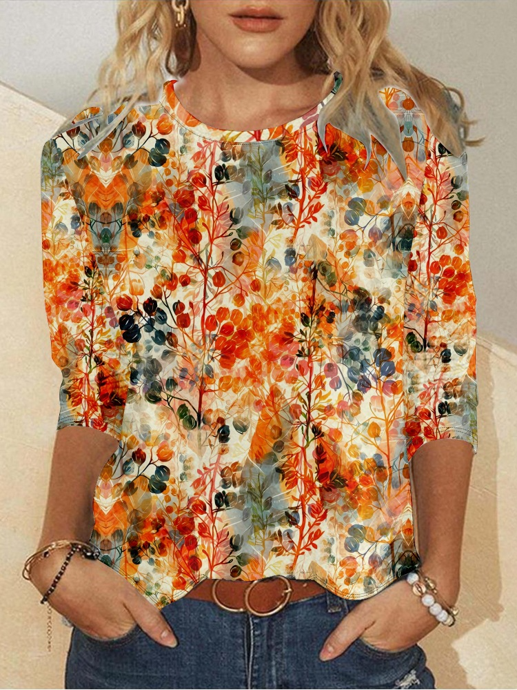 Casual Floral Crew Neck Long Sleeve T-shirt