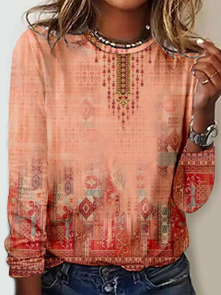 Casual Ethnic Crew Neck Long Sleeve T-shirt