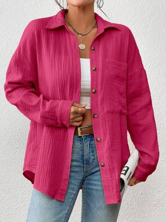 Shirt Collar Long Sleeve Plain Regular Loose Shirt For Women