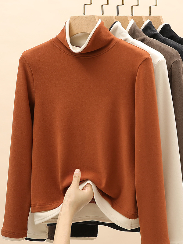 Casual Color Block Turtleneck Long Sleeve T-shirt