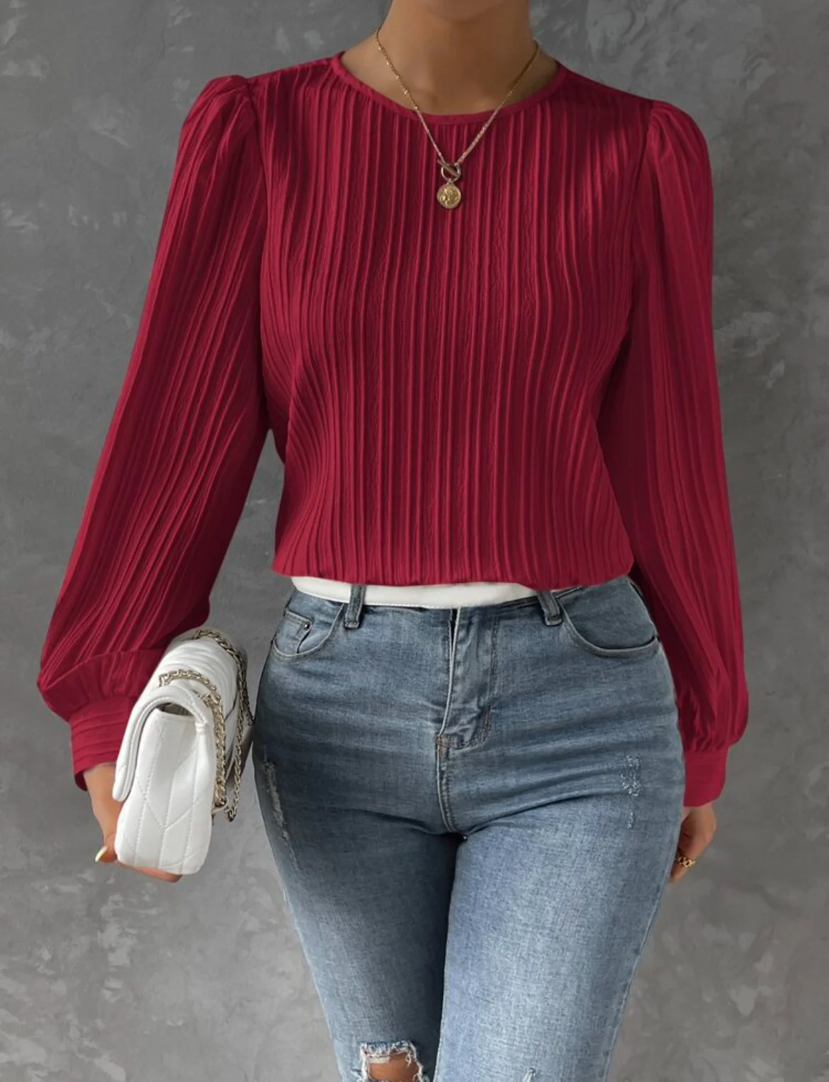 Crew Neck Long Sleeve Plain Regular Micro-Elasticity Loose Blouse For Women