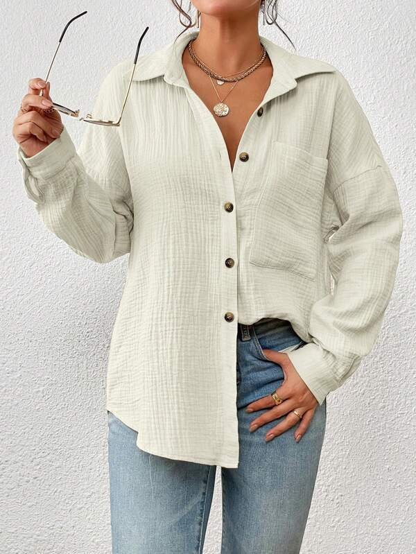 Shirt Collar Long Sleeve Plain Regular Loose Shirt For Women