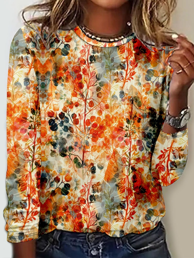 Casual Floral Crew Neck Long Sleeve T-shirt