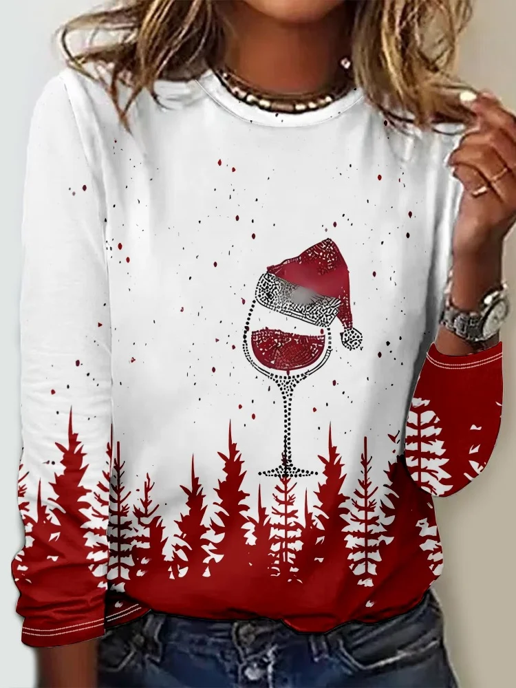 Casual Christmas Crew Neck Long Sleeve T-shirt