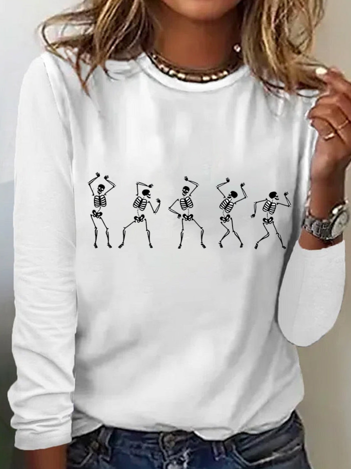 Casual Halloween Dancing Skeleton Crew Neck Long Sleeve T-shirt