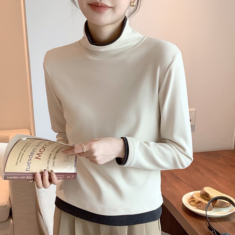 Casual Color Block Turtleneck Long Sleeve T-shirt