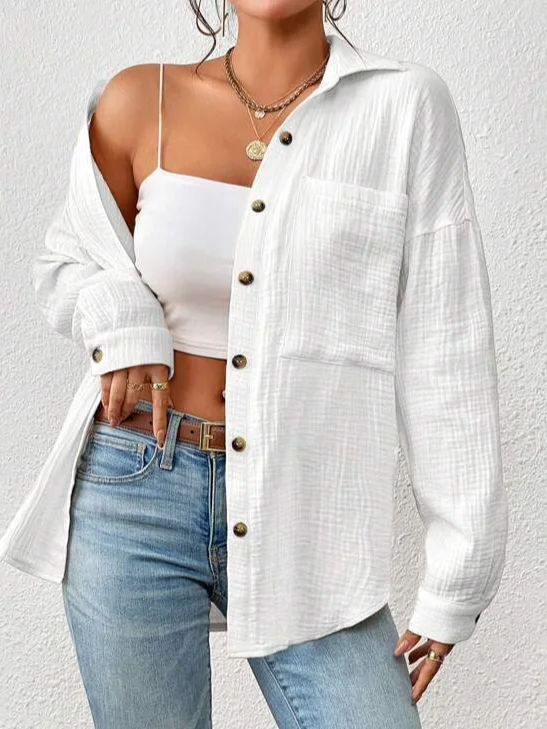 Shirt Collar Long Sleeve Plain Regular Loose Shirt For Women