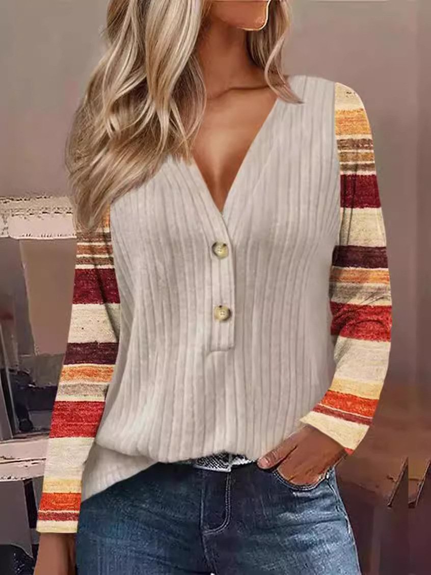 V Neck Long Sleeve Striped Regular Micro-Elasticity Loose Blouse For Women