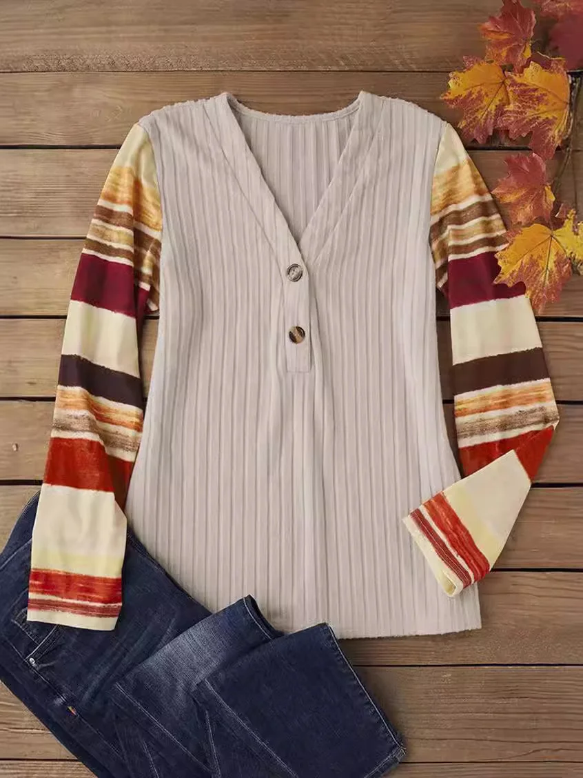 V Neck Long Sleeve Striped Regular Micro-Elasticity Loose Blouse For Women