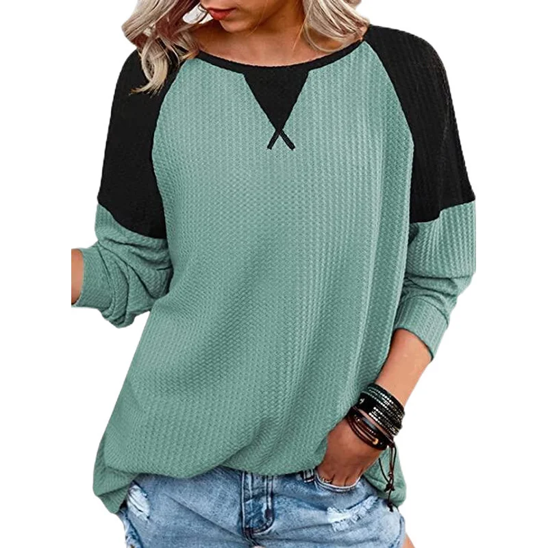 V Neck Long Sleeve Color Block Regular Micro-Elasticity Loose Blouse For Women