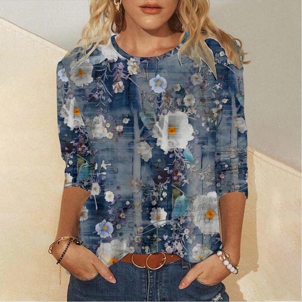 Casual Floral Crew Neck Long Sleeve T-shirt