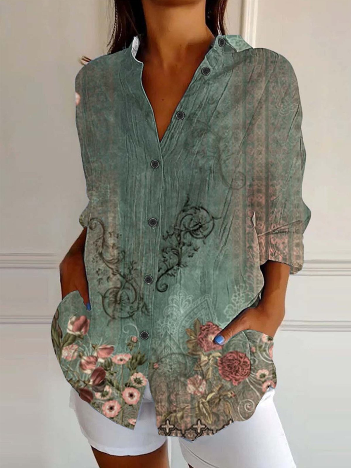 Shirt Collar Long Sleeve Floral Regular Loose Shirt For Women