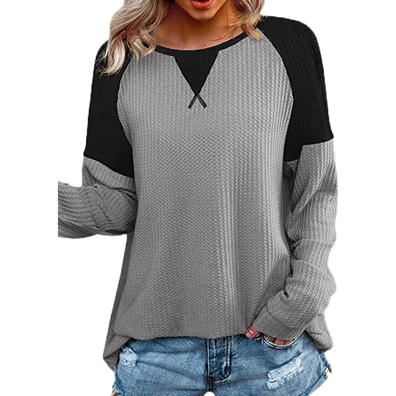 V Neck Long Sleeve Color Block Regular Micro-Elasticity Loose Blouse For Women